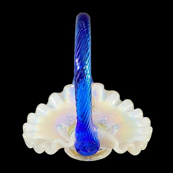Vintage Fenton Mini Basket Grape & Vine Ruffled Opalescent w/Iridescent Handle - Picture 3 of 14